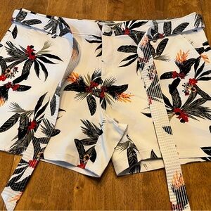Liz Claiborne Tropical Hawaiian Shorts White Black Floral Sz 16 Tie Belt
